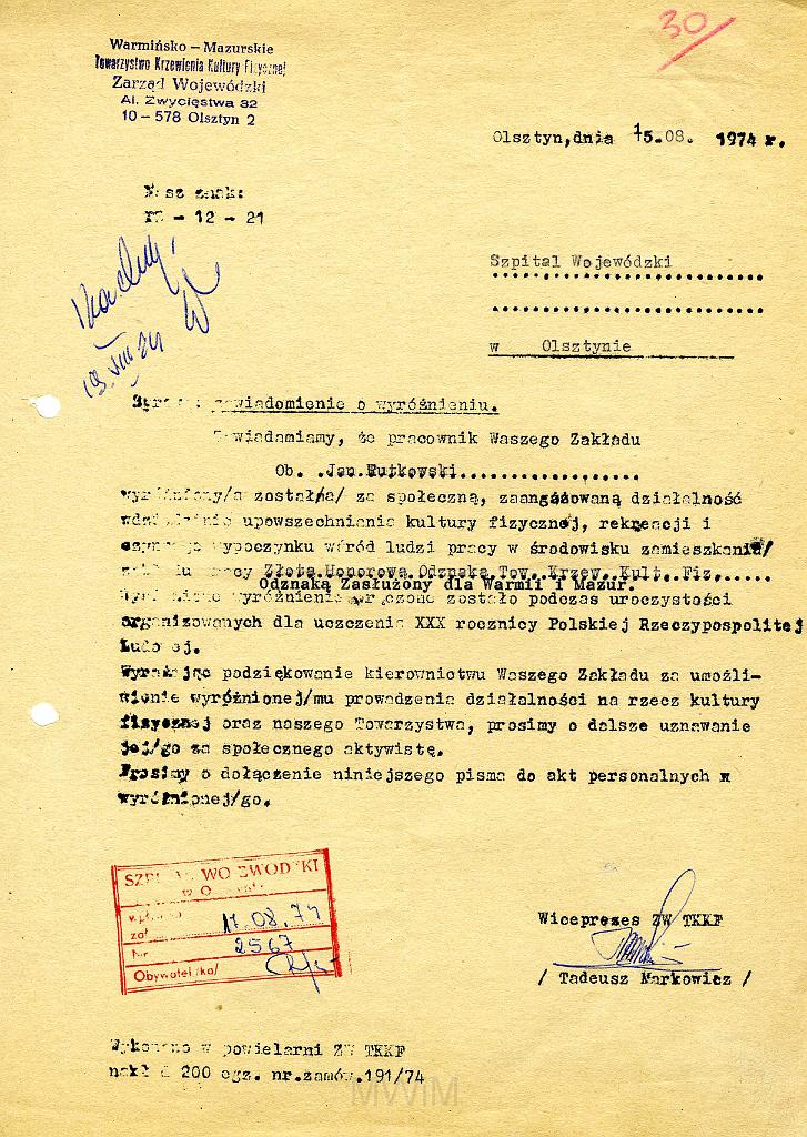 KKE 3225.jpg - Dyplom, Jana Rutkowskiego za działanośc społeczną, Olsztyn, 1974 r.